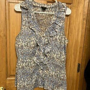 Ann Taylor Ruffled Bib Collar Blouse in Gray and White